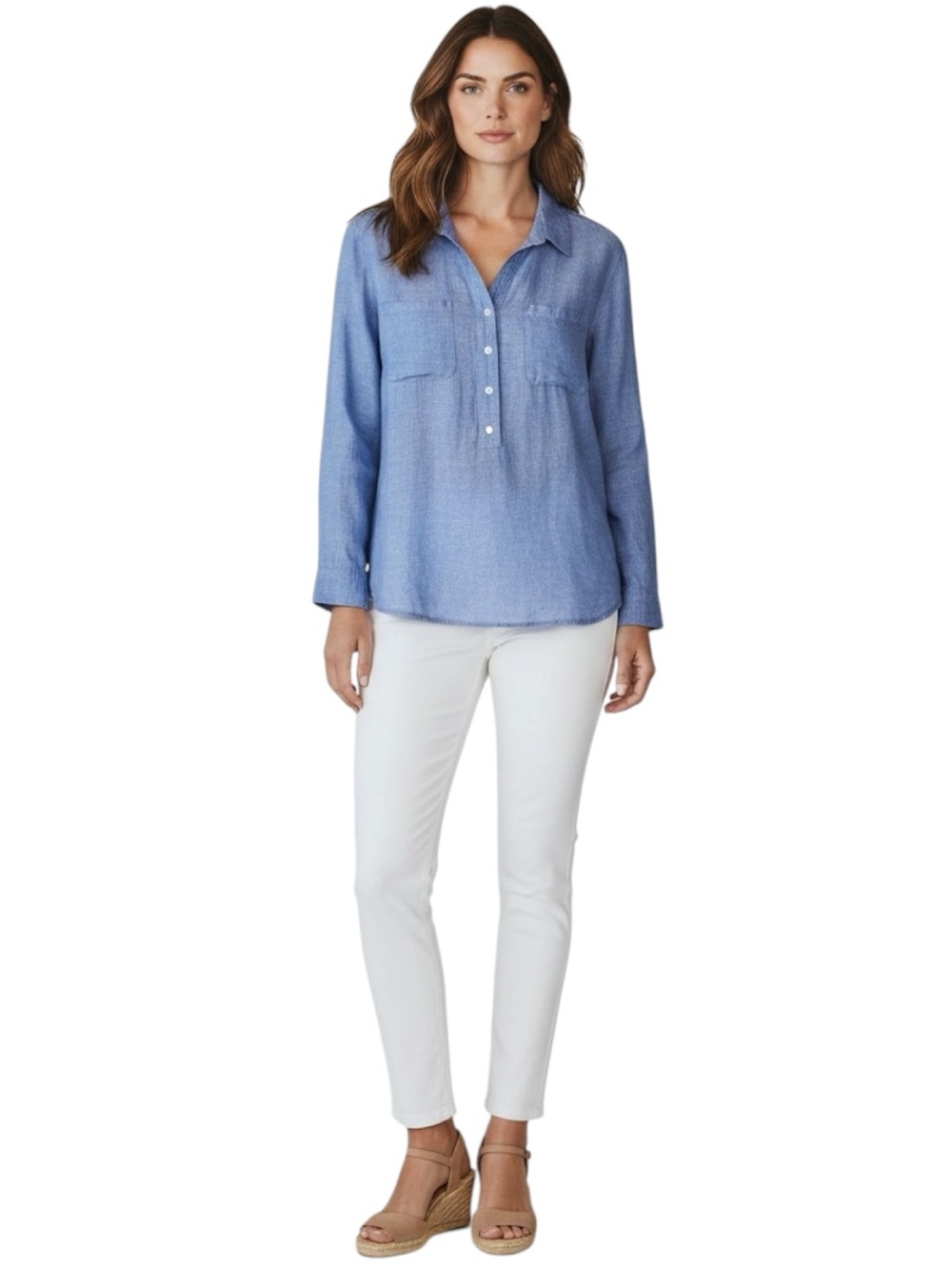 TALBOTS Linen Blend 3/4 Button Pullover Shirt in Blue Size 2X -- COASTAL VIBES!! - Picture 2 of 9